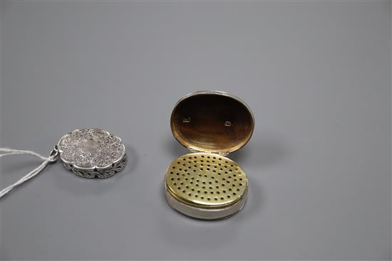 A George III silver oval vinaigrette, Cornelius Bland, London, 1796, 35mm and a later Victorian silver vinaigrette, 31mm.